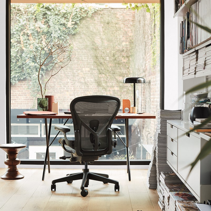 Rear view of an Aeron chair in a light-filled workspace